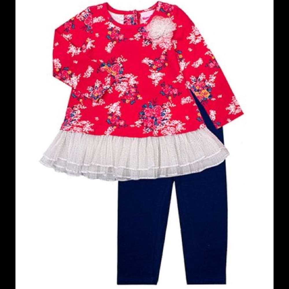 Nannette Red Floral Ruffle Hem Swing Top& Leggings